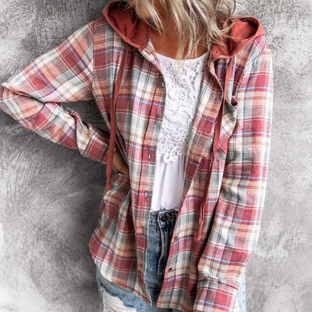 Plaid Hooded Button Up Shirt
